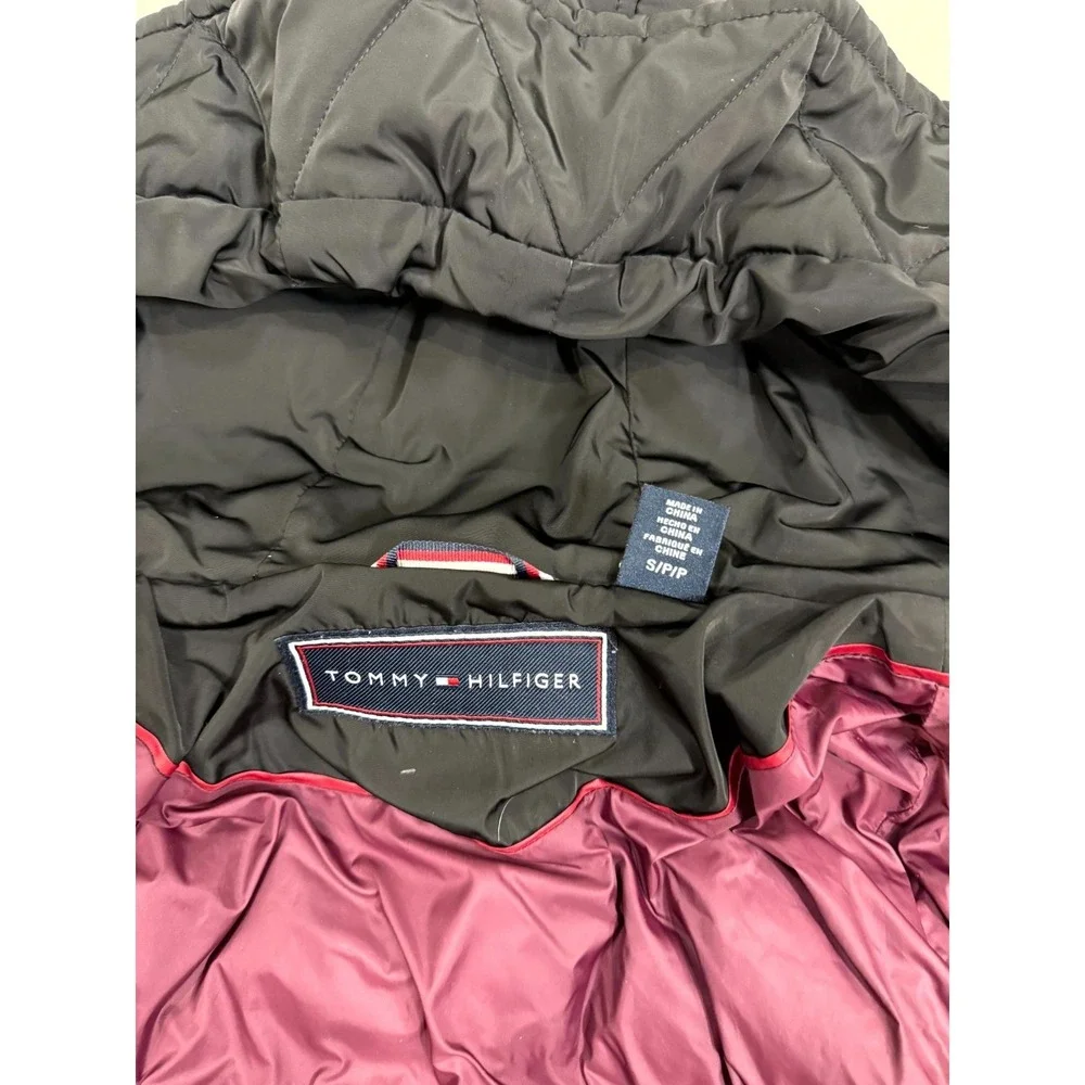 Tommy Hilfiger Puffer Jacket Womens Small Black Lined Hooded Logo Outdoor Zip Up